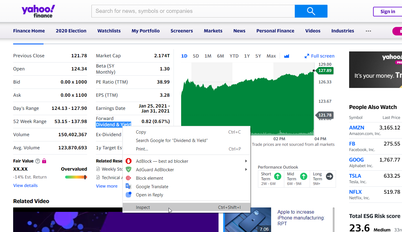 Seleccione «Inspeccionar» en Google Chrome