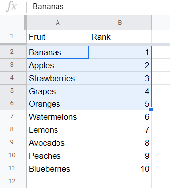 Select the range to sort