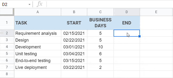 Calculate the end dates using the WORKDAY function
