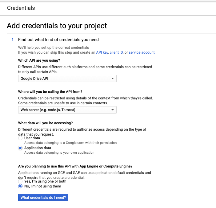 Specify the credentials for your project