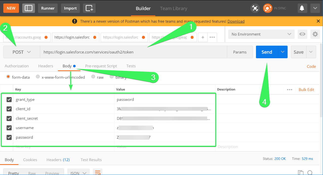 Envía una solicitud POST a Salesforce para obtener un token de acceso