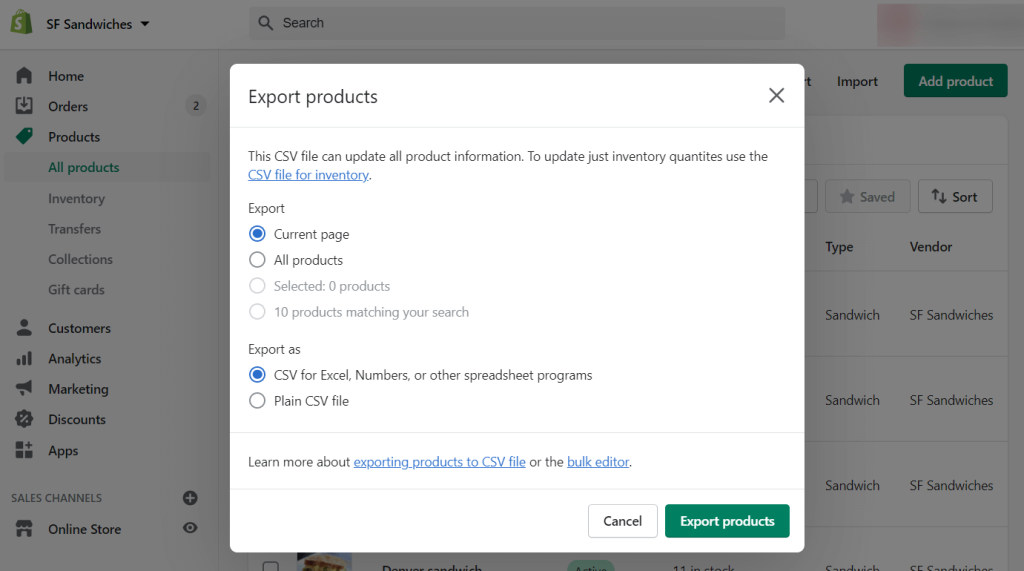 Shopify export products as CSV 