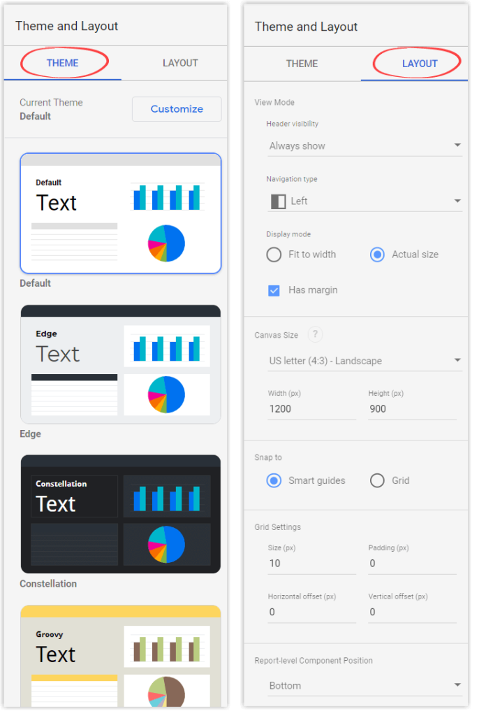 Figure 21. The theme and layout panel