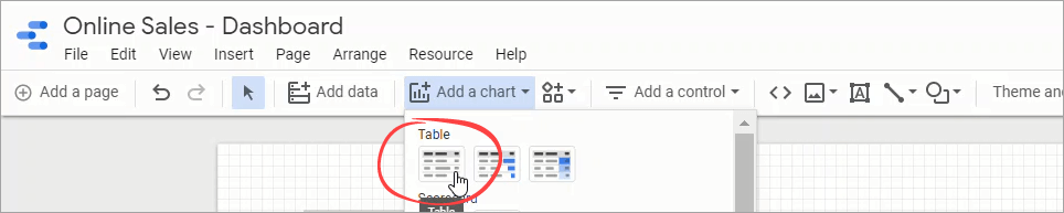 Seleccionar Tabla en el desplegable de tipo de gráfico