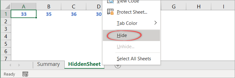 Figure 27. How to hide a sheet in Excel