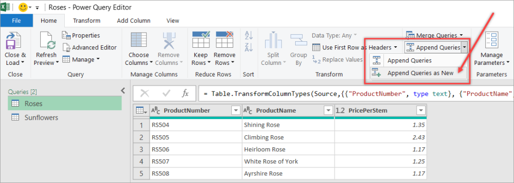 Figure 34. The menu to append queries as new