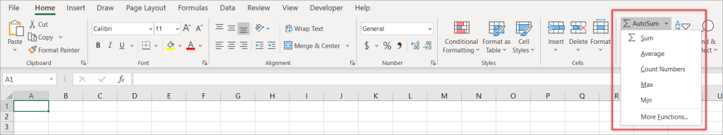 Figure 1.1.1. The most common aggregate functions in the AutoSum button