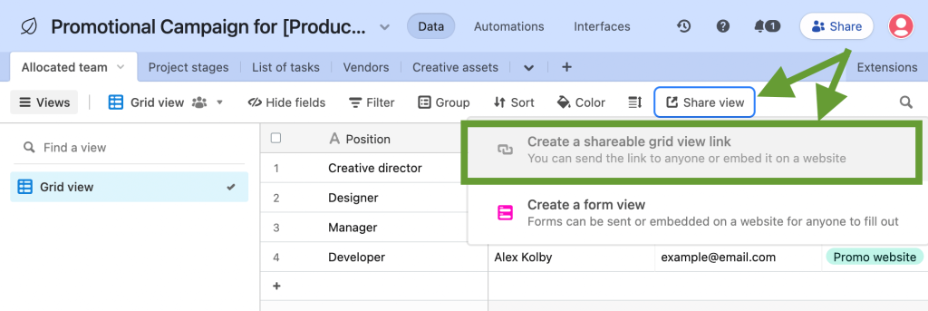 2. Airtable Create a shareable grid view link
