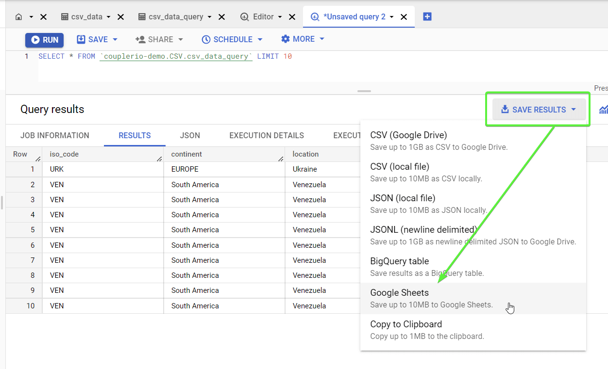 1.1 guardar los resultados de la consulta bigquery google sheets