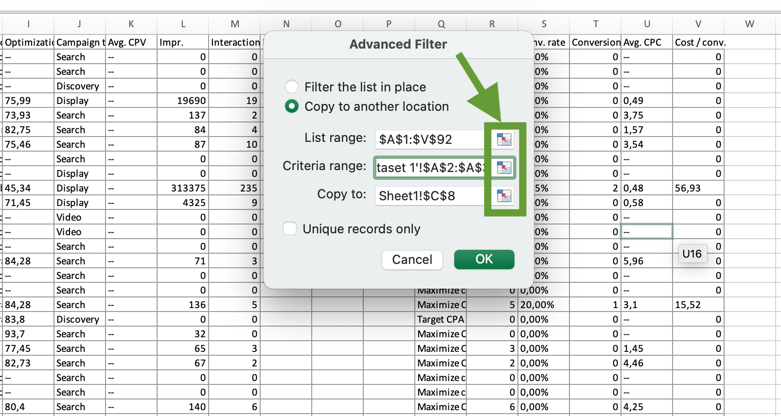Rango de filtro avanzado de Excel