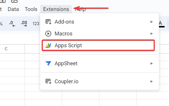 13 open extensions app script in google sheet