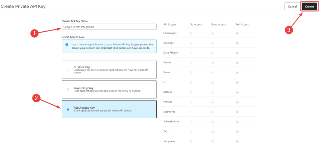 3 define api key access in klaviyo