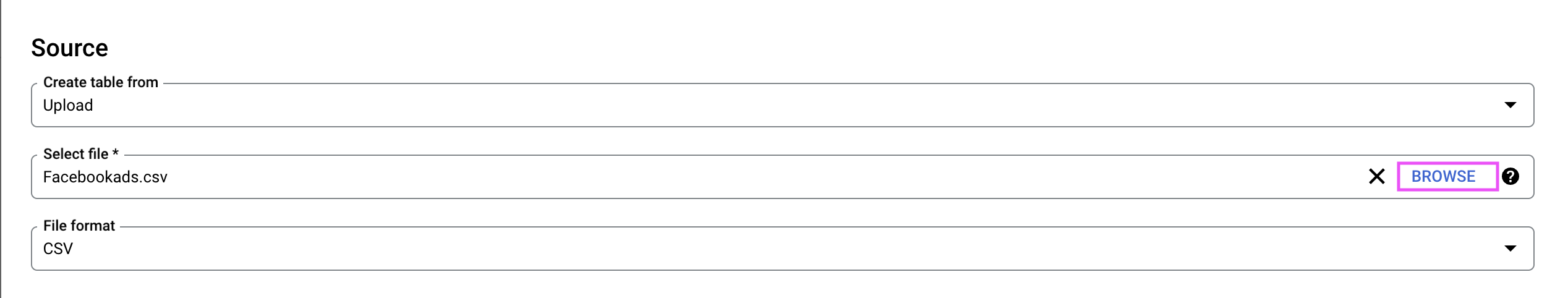 5 configuración de la fuente de bigquery