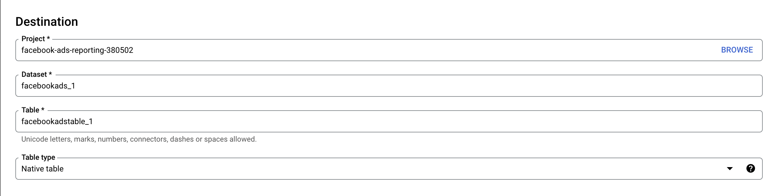 6 configuración del destino de bigquery