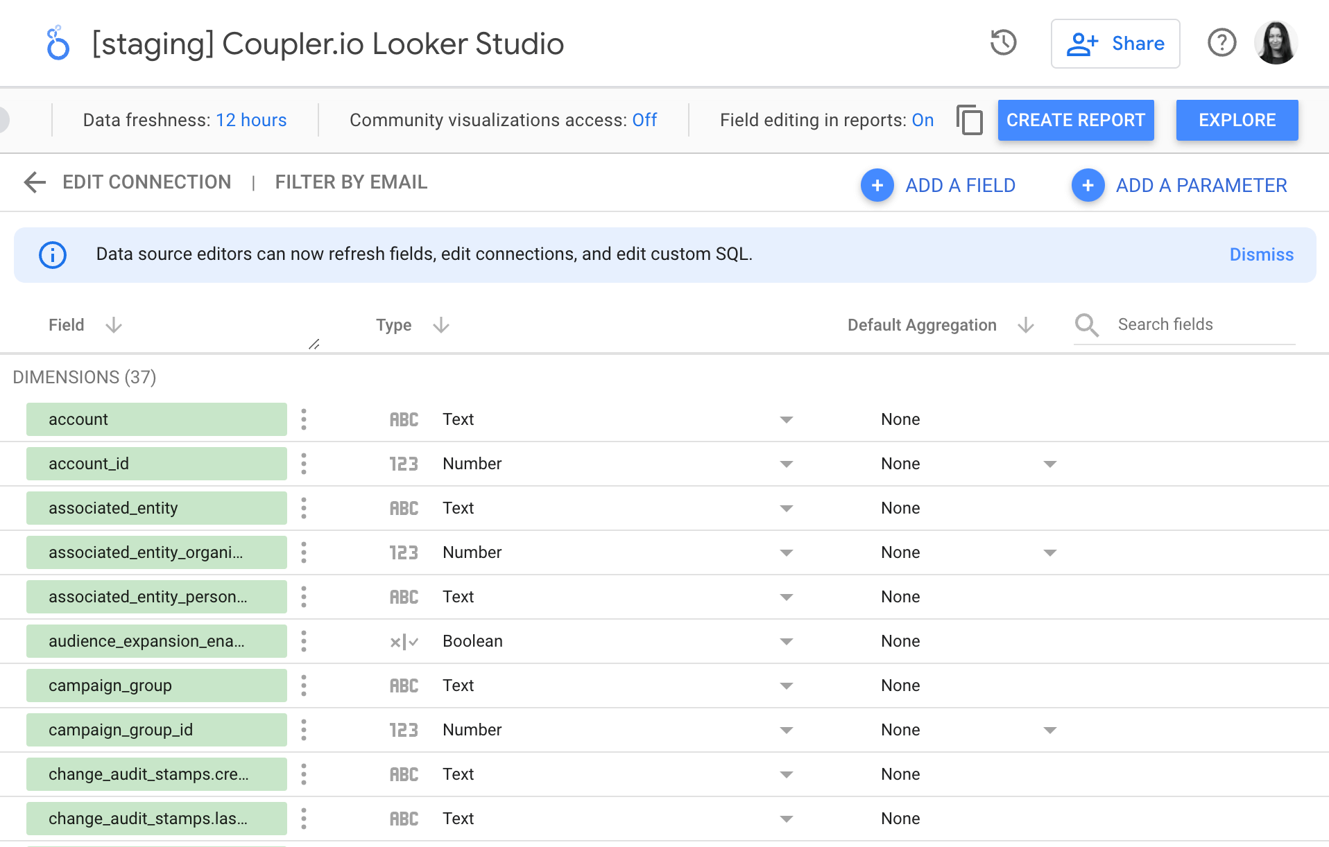 16. Tipos de campo de vista previa de Google Sheets a Looker Studio