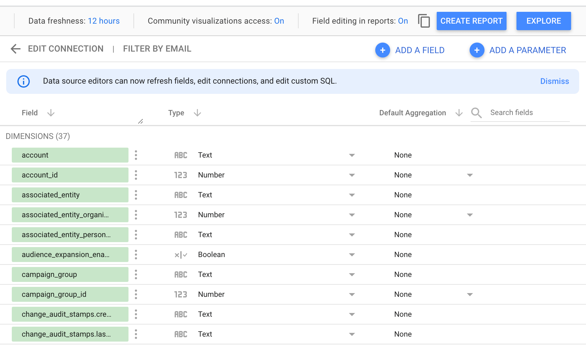 5. Tipos de campos de comprobación de Google Sheets a Looker Studio