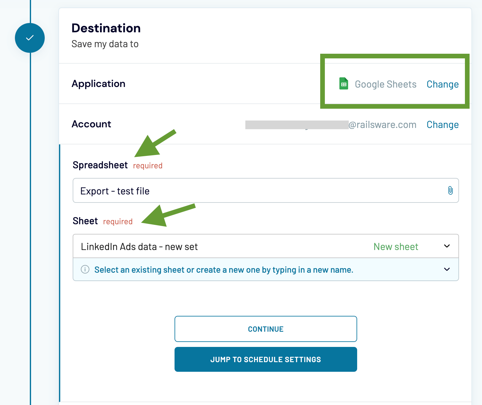 9. Coupler.io LinkedIn Ads a la configuración de destino de Google Sheets