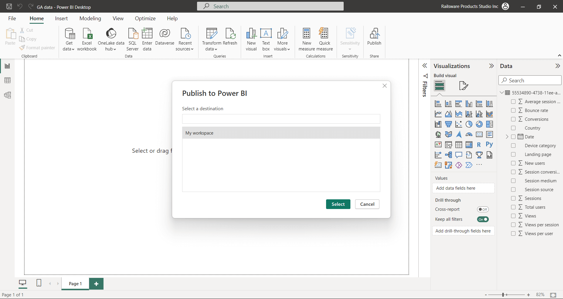 Destino de publicação do Power BI