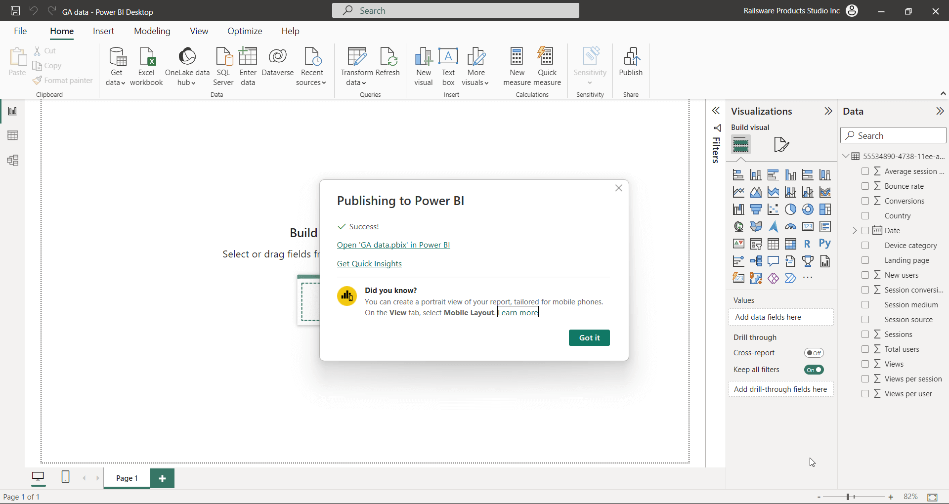 Sucesso na publicação do Power BI