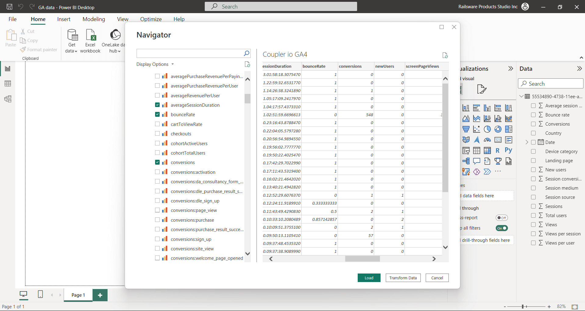 Dimensões das métricas do navegador do Power BI Google Analytics