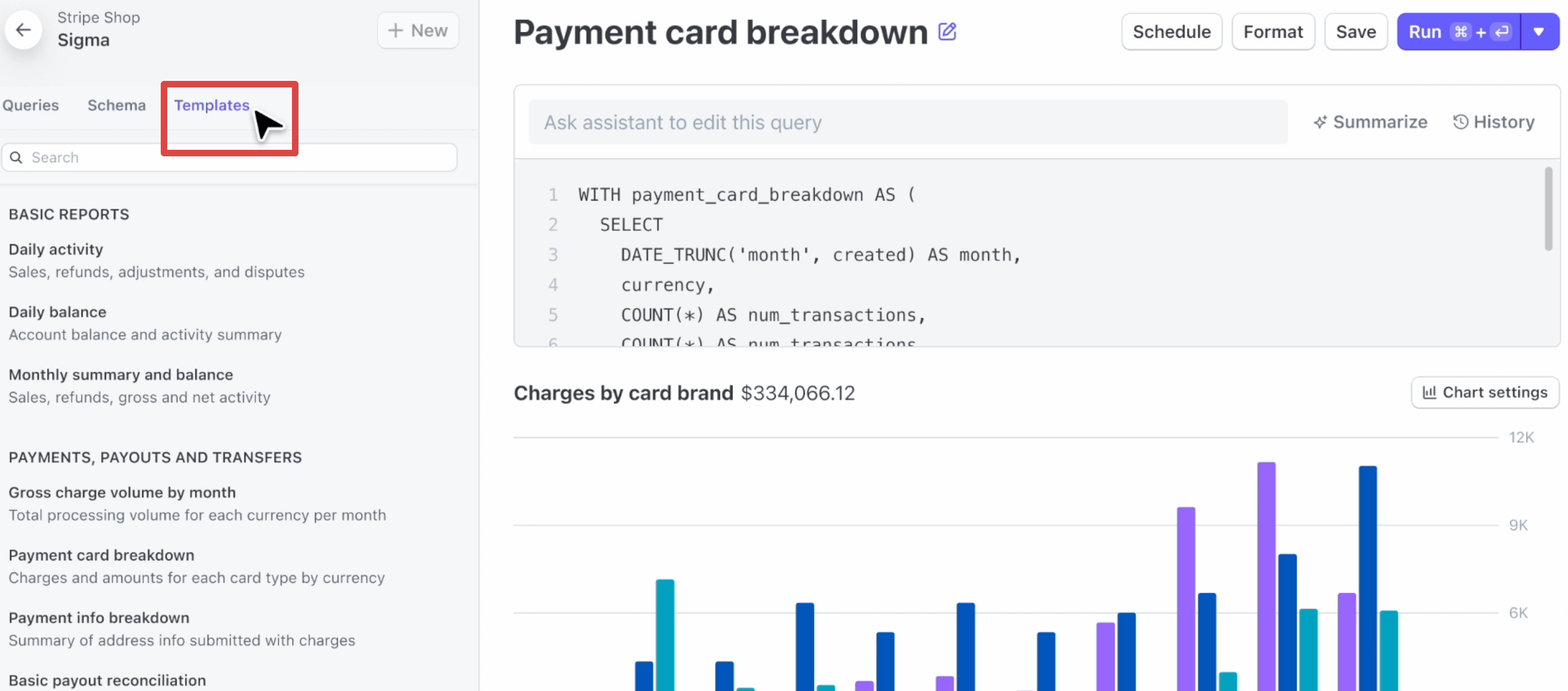 Navegar a las plantillas de Stripe Sigma