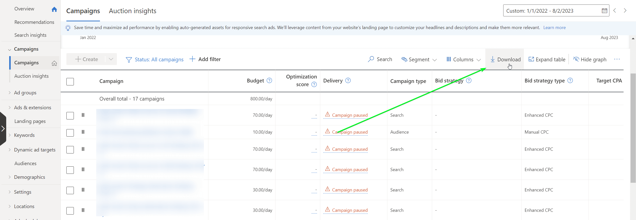 descargar bing ads csv