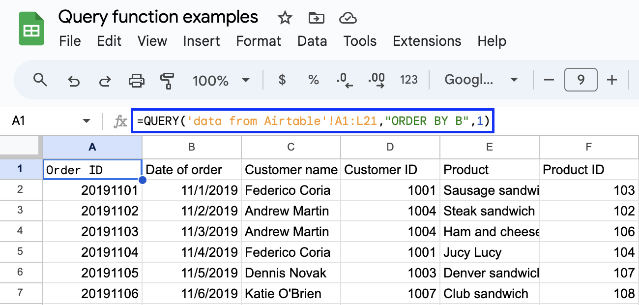 Ejemplo de consulta de Google Sheets Ordenar por fecha