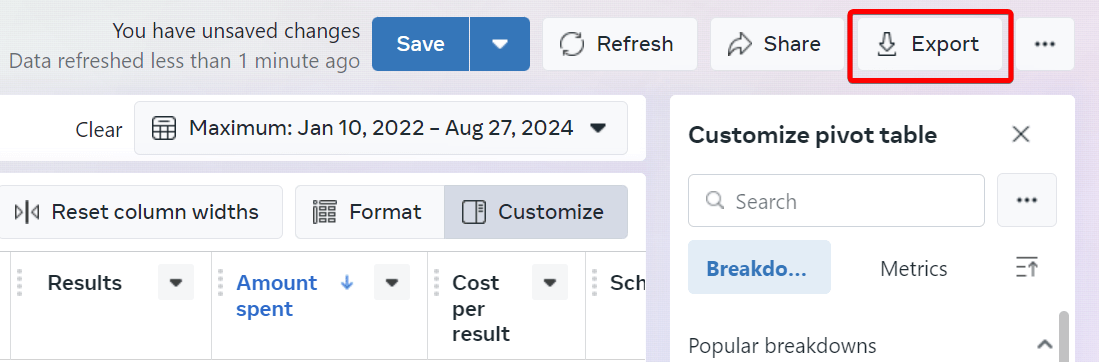 facebook ads manager exportbericht