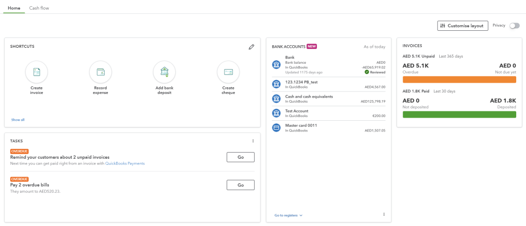 1. quickbooks built in dashboard