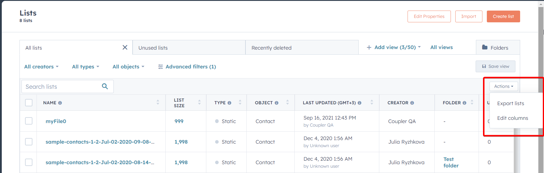 exportar la lista de contactos de hubspot