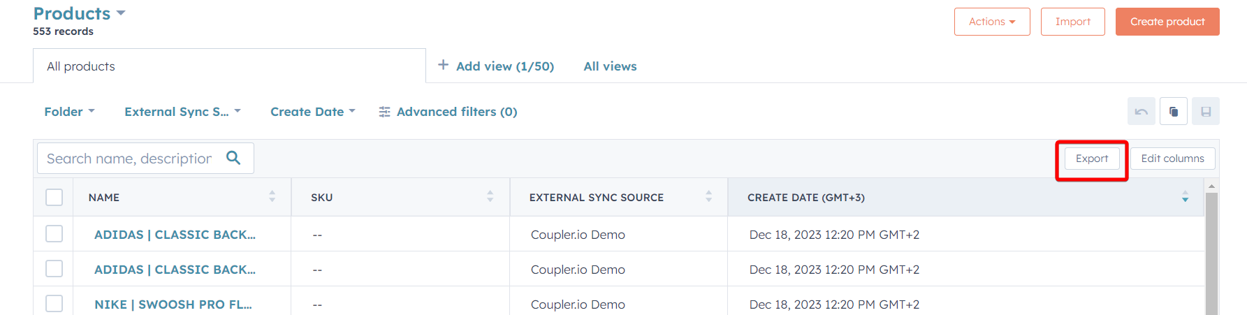 exportar productos hubspot