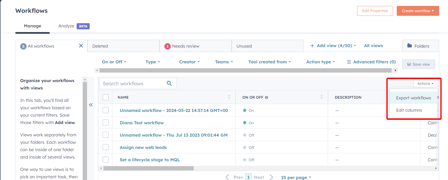 exportar flujos de trabajo de hubspot