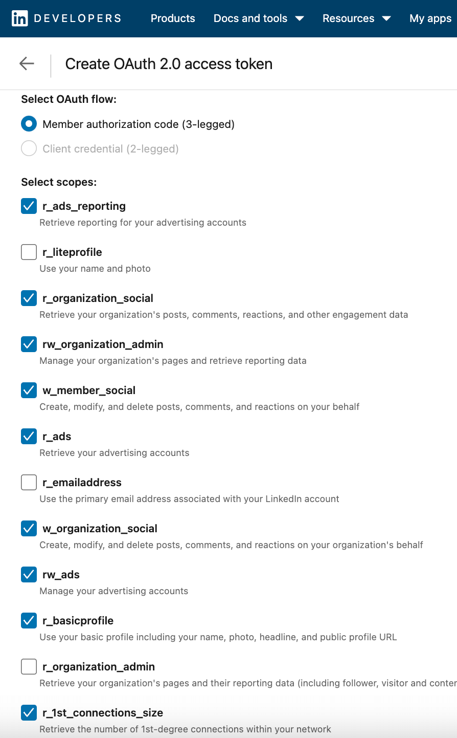Selecciona el flujo y los ámbitos de OAuth
