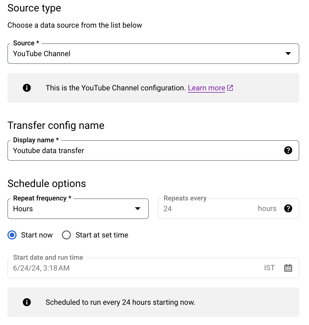 crear una nueva transferencia de youtube analytics a bigquery