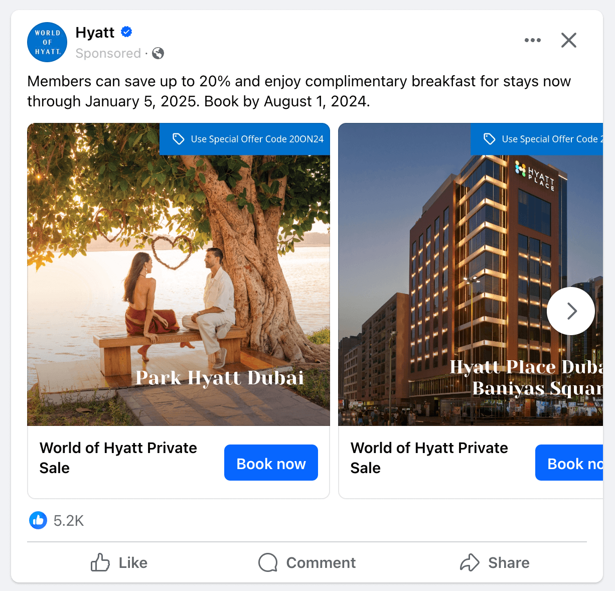 imagen de un anuncio en carrusel del hotel Hyatt en Facebook
