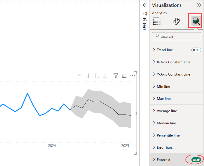Figure 7.2. How to enable forecasting in Power BI line chart