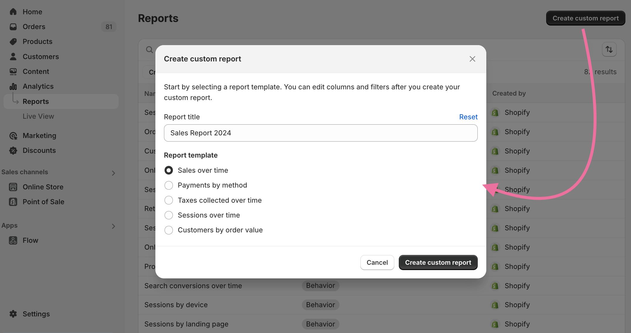6 crear informe personalizado en shopify