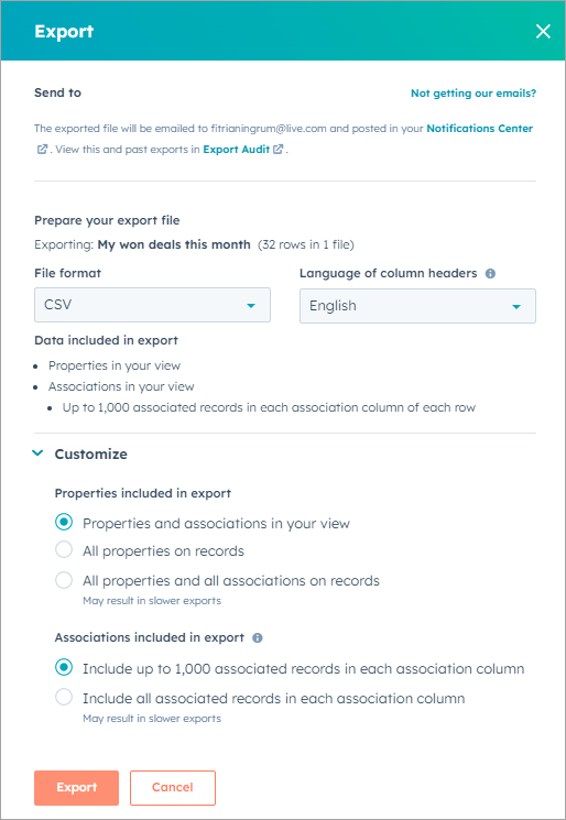 Figure 2.2. The Export popup window