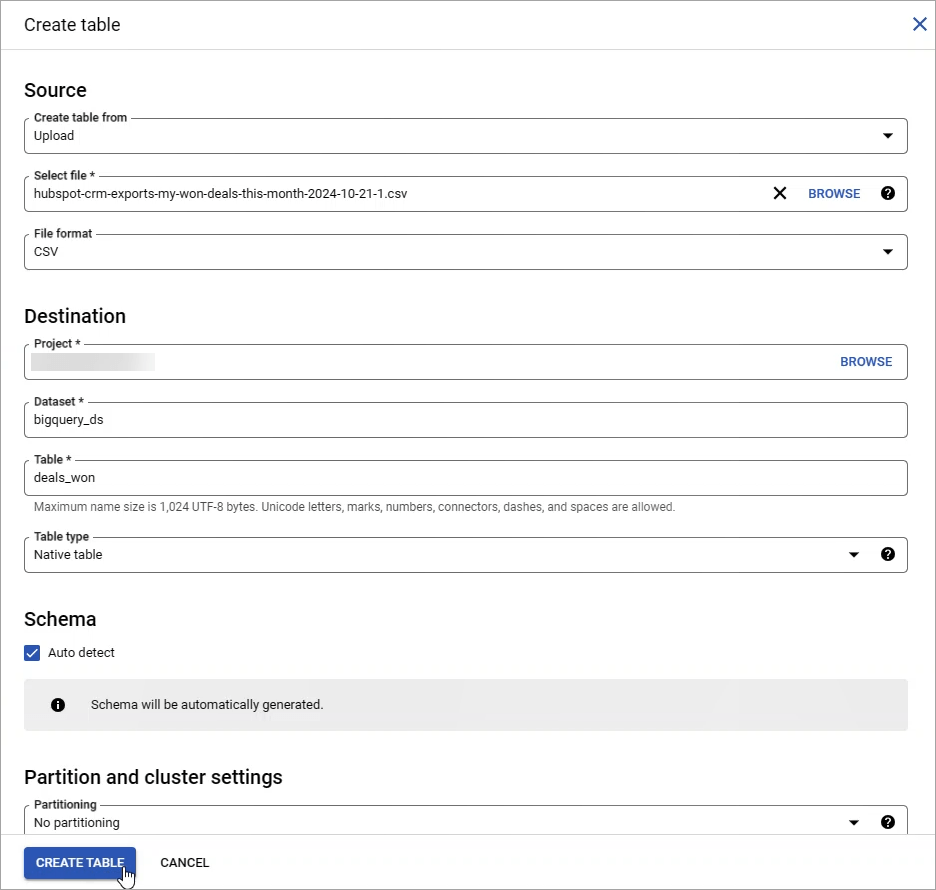 Figure 2.5. Creating a table for the import