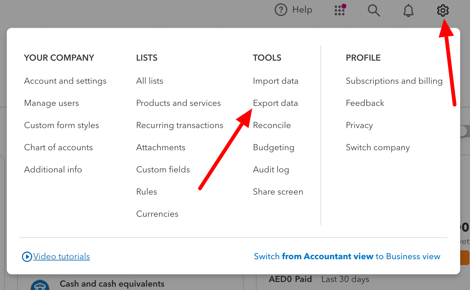 Navigation vers l'option d'exportation de données dans QuickBooks