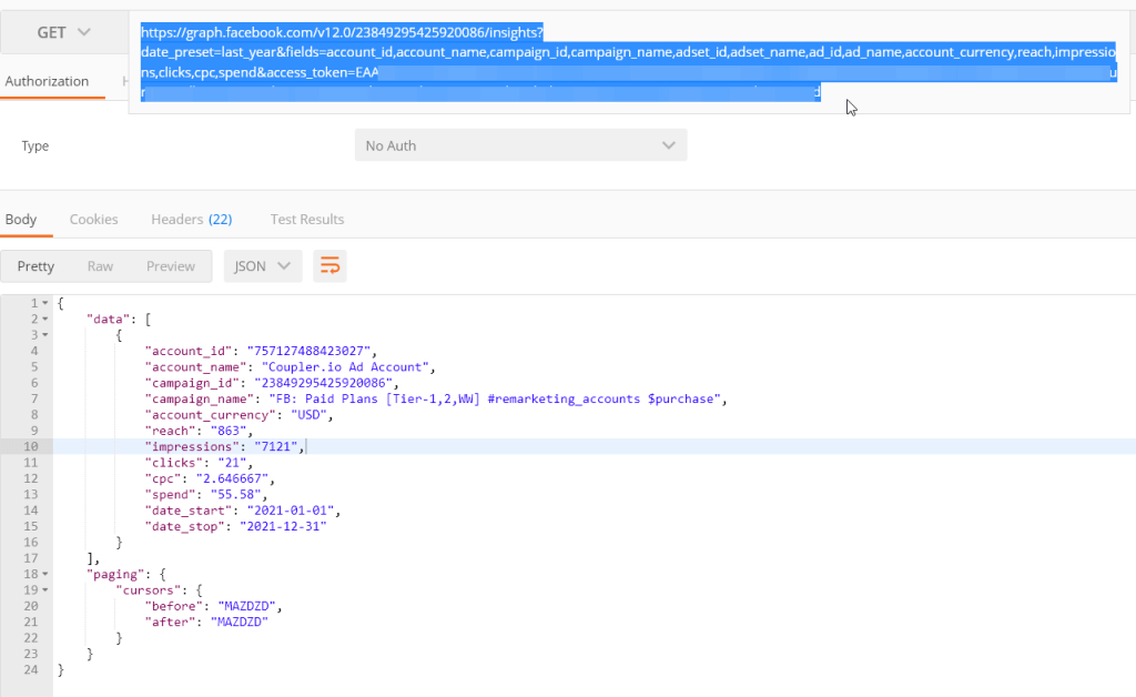 Figure 7. Postman Insight API example response