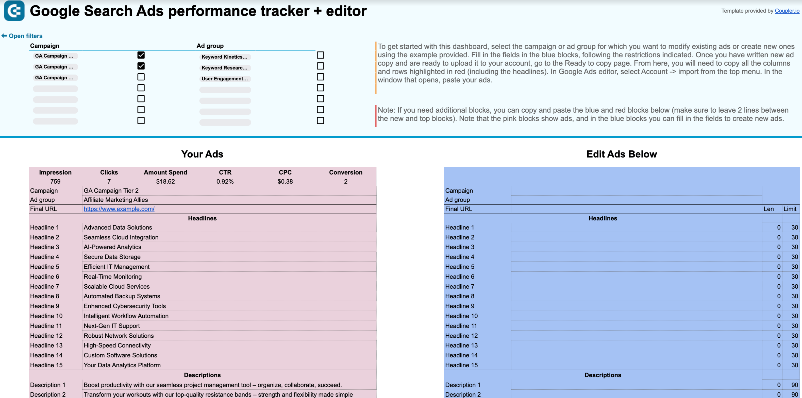 Google Search Ads performance tracker + editor in Google Sheets