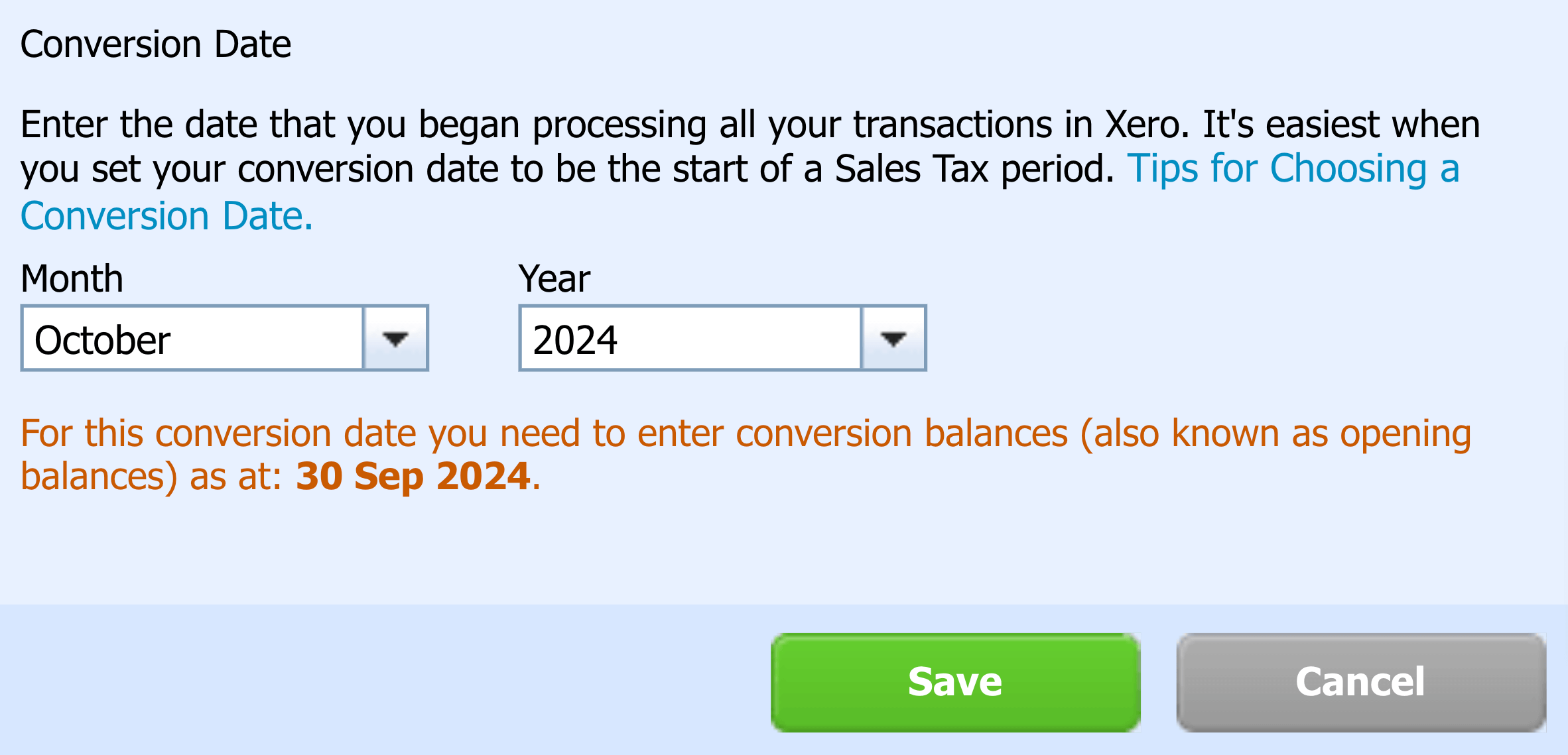 Entering your conversion date in Xero
