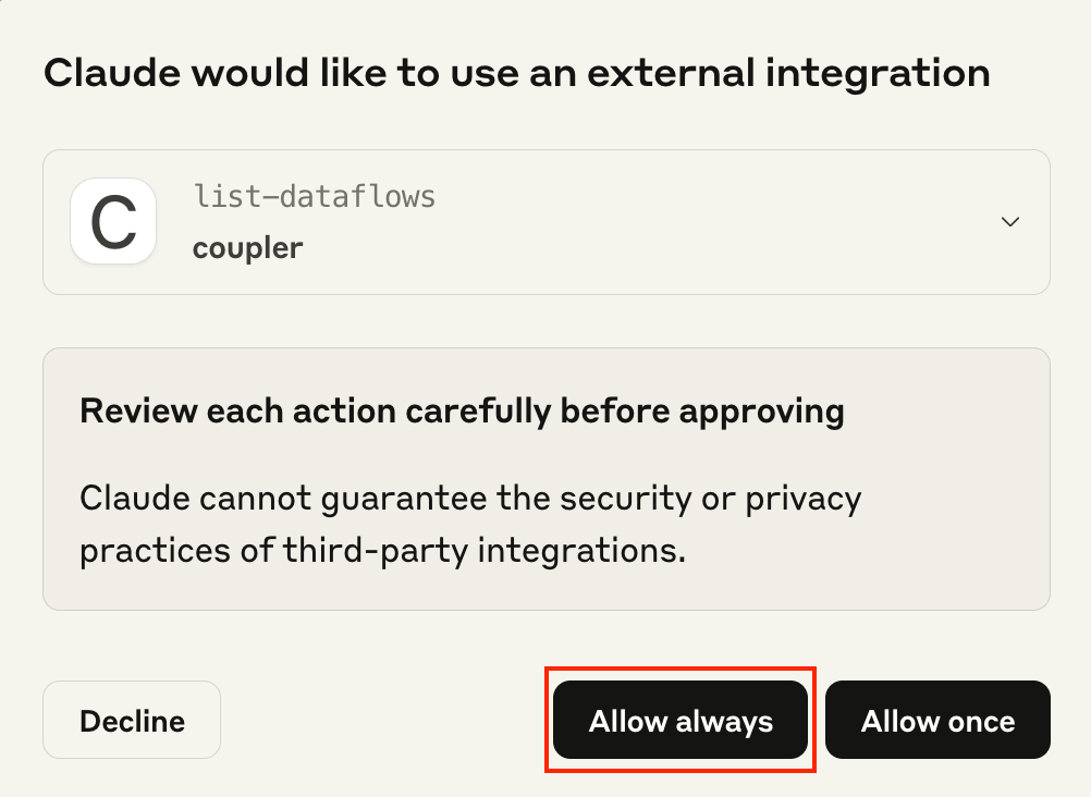 coupler mcp server grant claude permission to access data flows