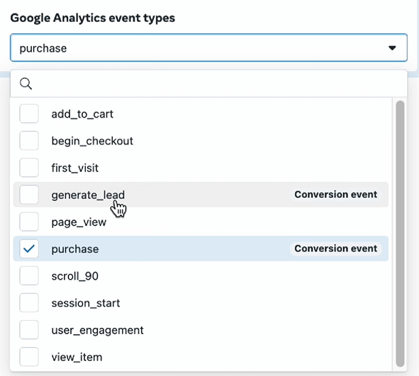 selecting ga4 events in meta