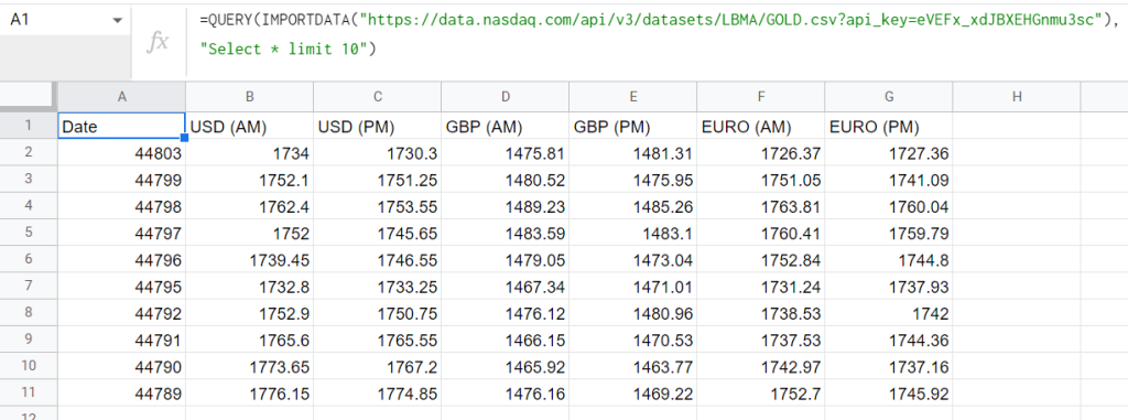 query importdata google sheets rows