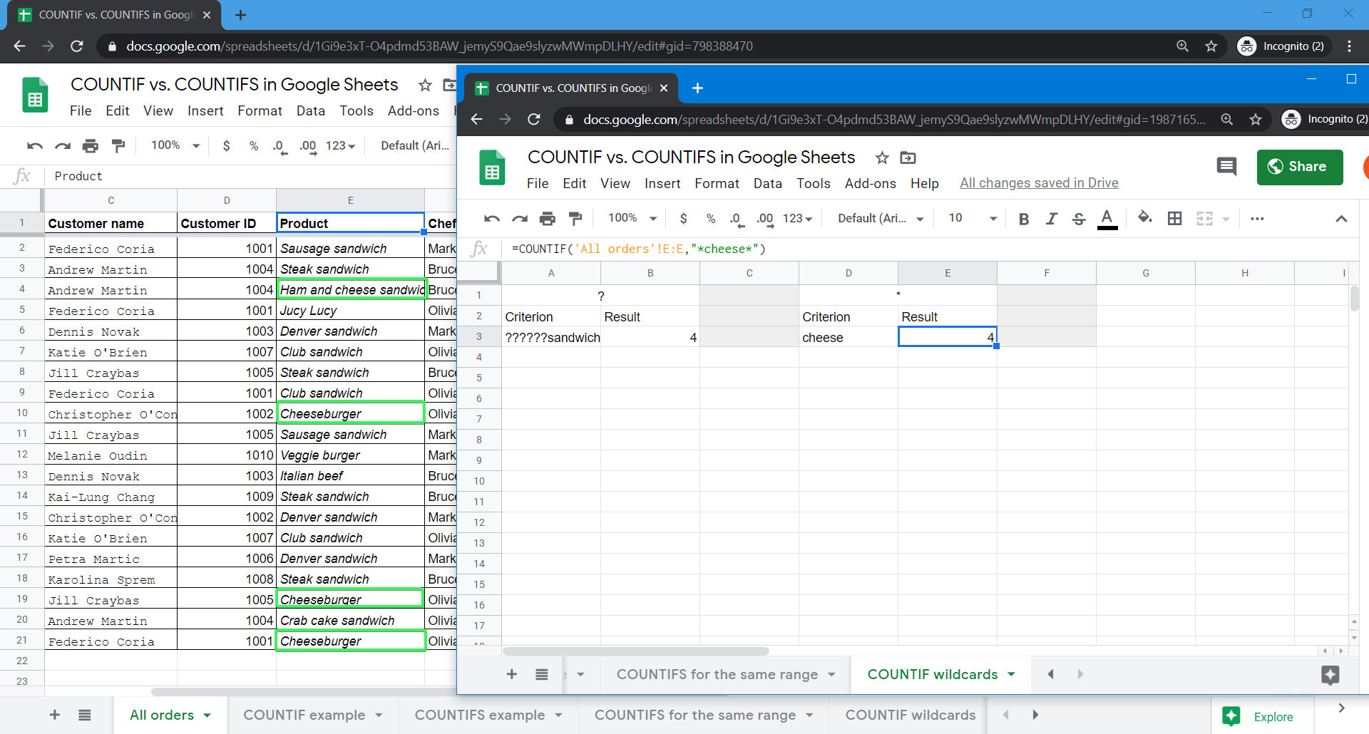 COUNTIF formula example with *