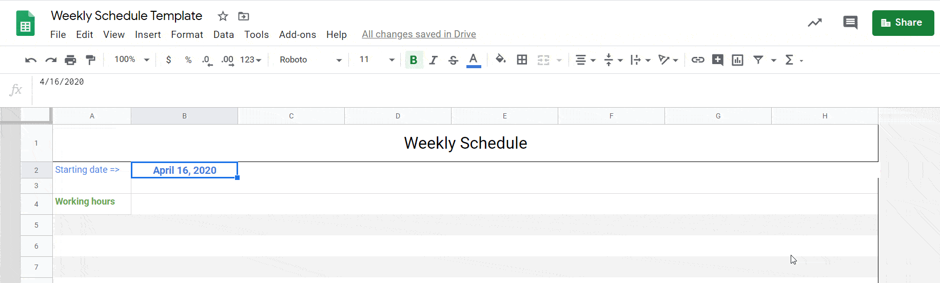 Setting up the days of the week