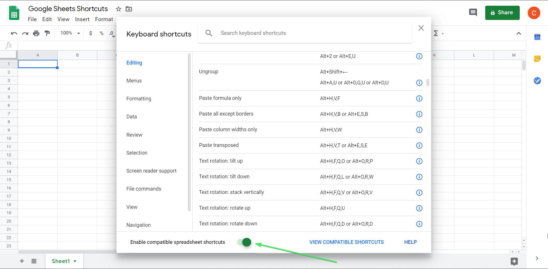 How to enable compatible shortcuts in Google Sheets