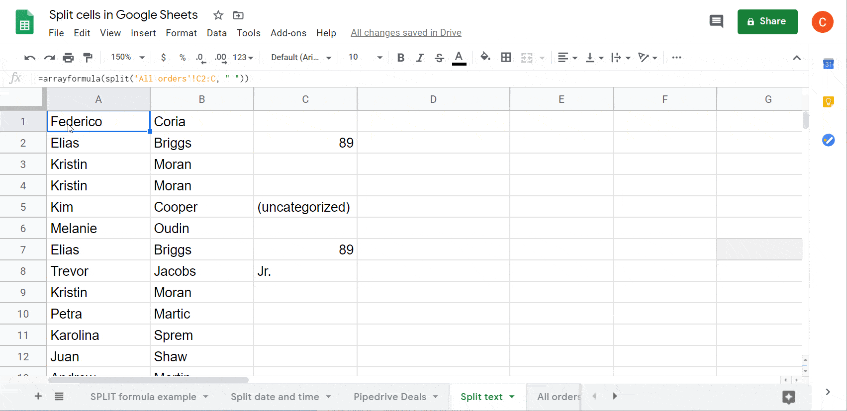 SPLIT + QUERY formula to split text
